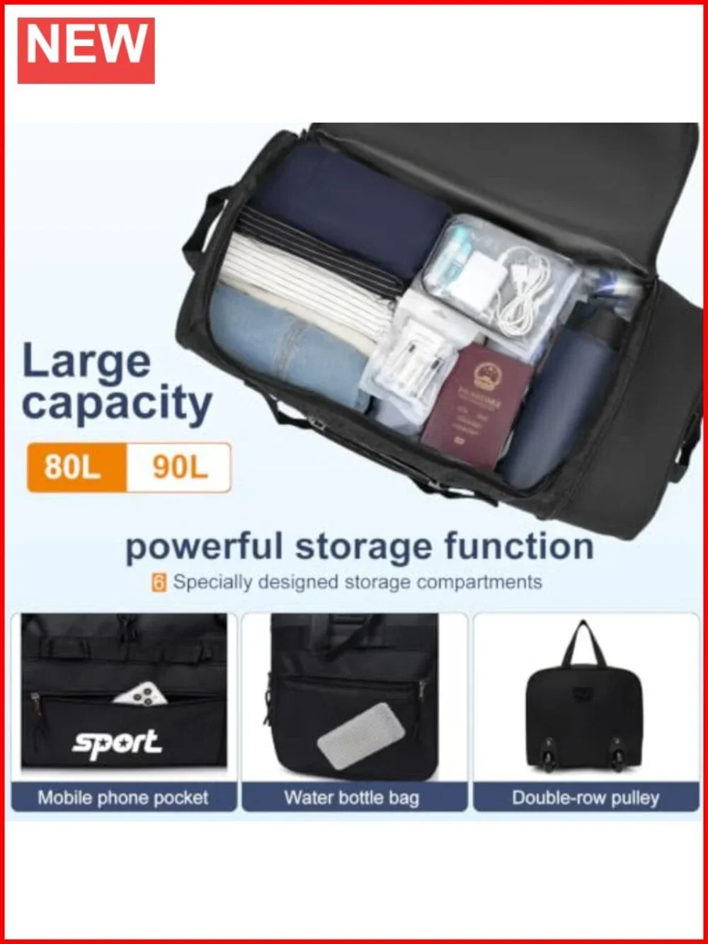 Large Rolling Duffel Bag with 2 Wheels Expandable Foldable Travel Bag No-Sag
